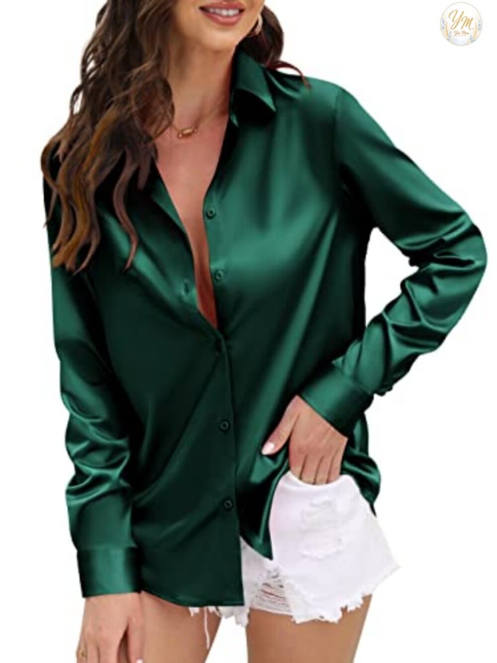 Satin Silk Button Down Shirt Long Sleeve Work Blouse